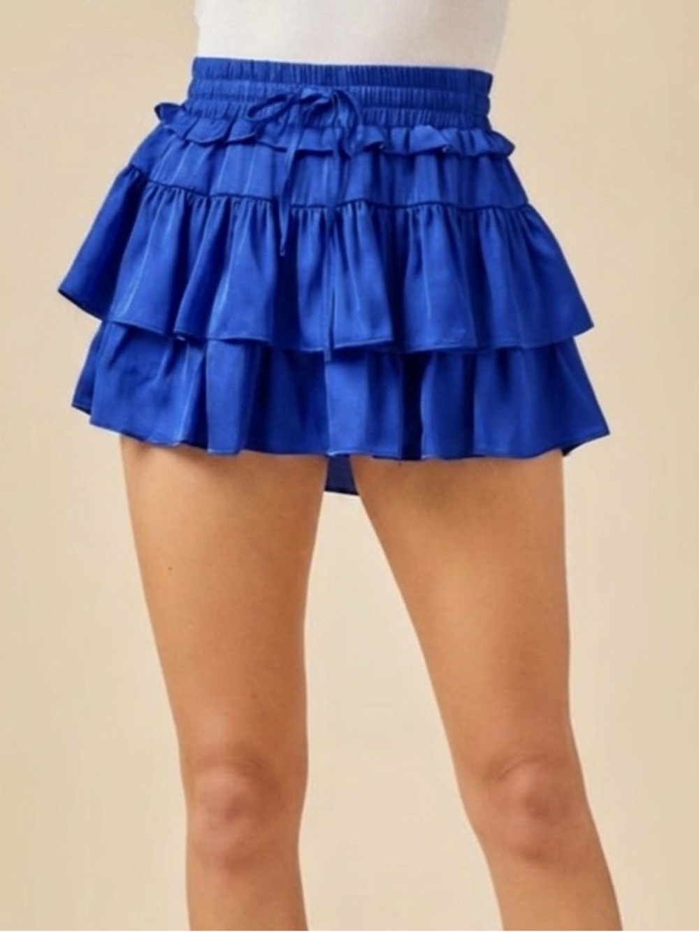 SHUG 100% Silk Ruffle Shorts Large Cobalt Blue‎ Tiered Mini Skort